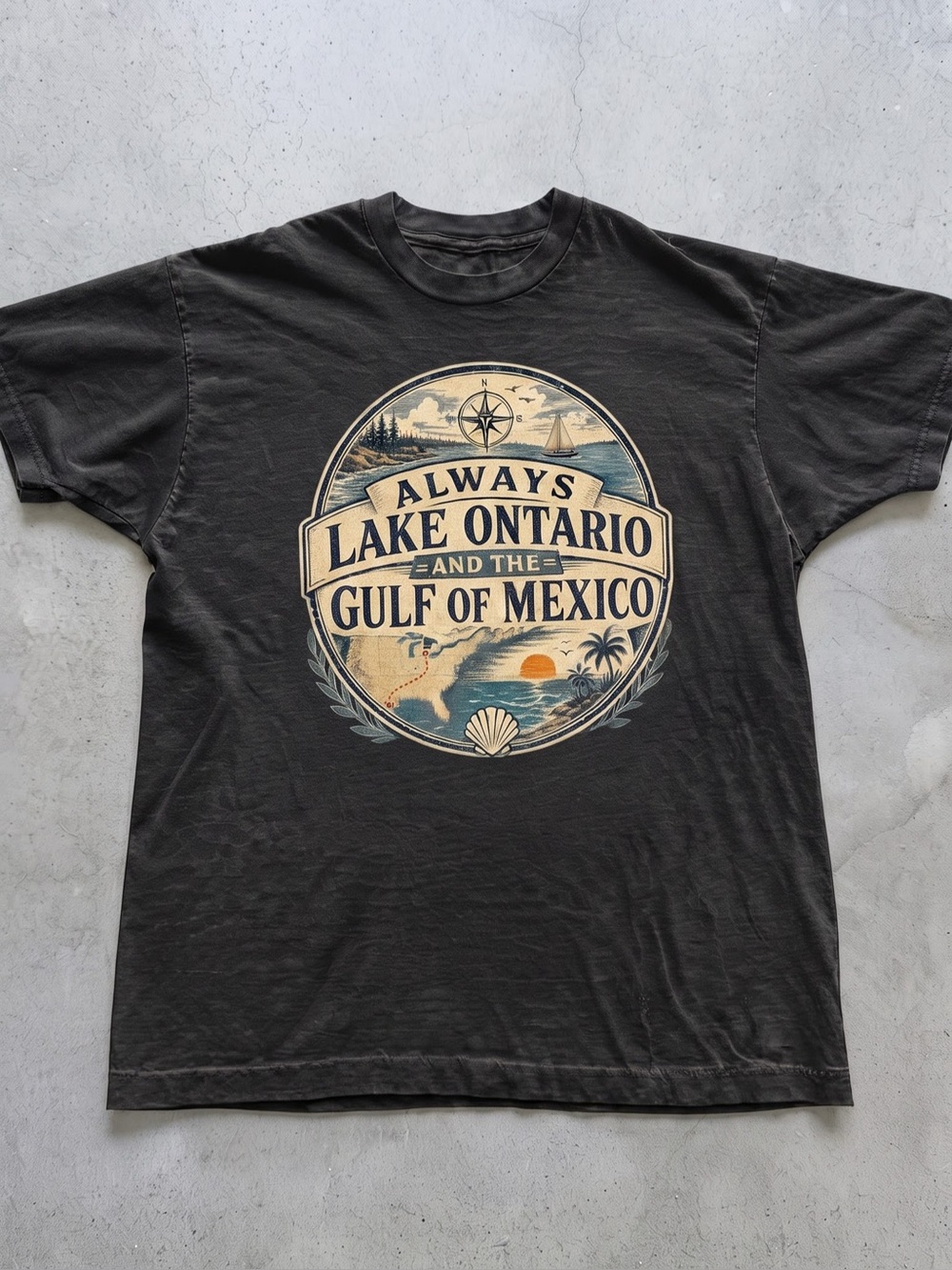Black Short Sleeve Tee with Lake Ontario &
Gulf of Mexico Graphic
